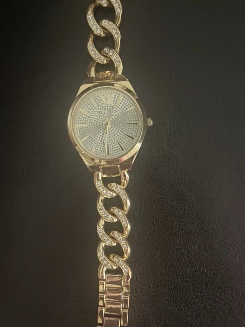 True Religion Iced link chain Gold Tone Crystal Accent Chain-Link Women's Watch